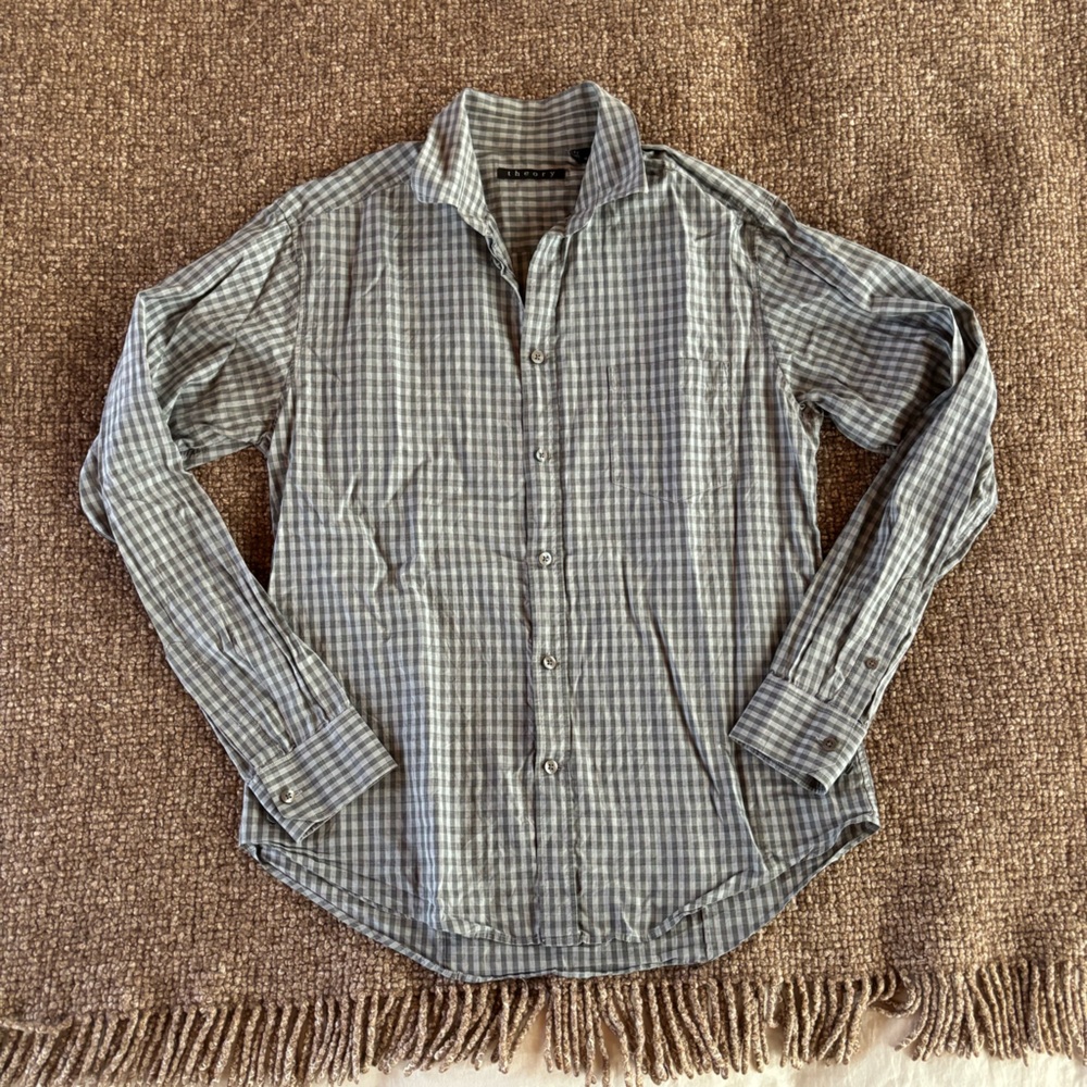 Theory Gray/green and White Gingham Button-Down Shirt